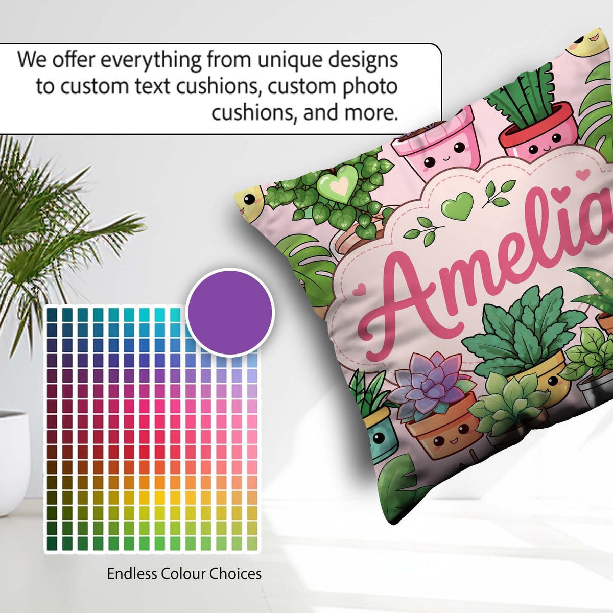 Custom Name Cute Kawaii Smiling Plant Pots Leaves Pattern Blush Square Filled Cushion Throw Pillow Sofa Bed Home Decor Zip Washable UK Made