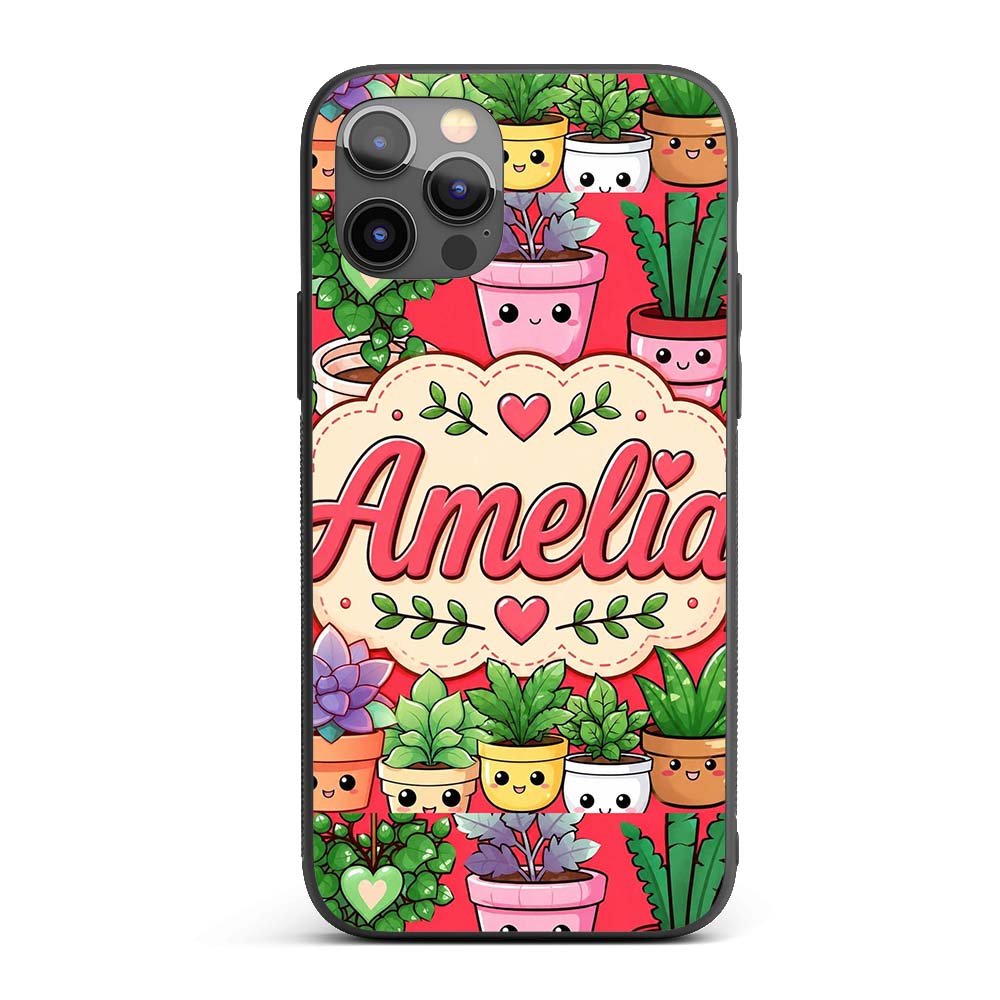 Cute Kawaii Smiling Plant Pots Succulents Leaves Custom Name Protective Phone Case Mobile Cover Durable Everyday Smartphone Shock Resistant