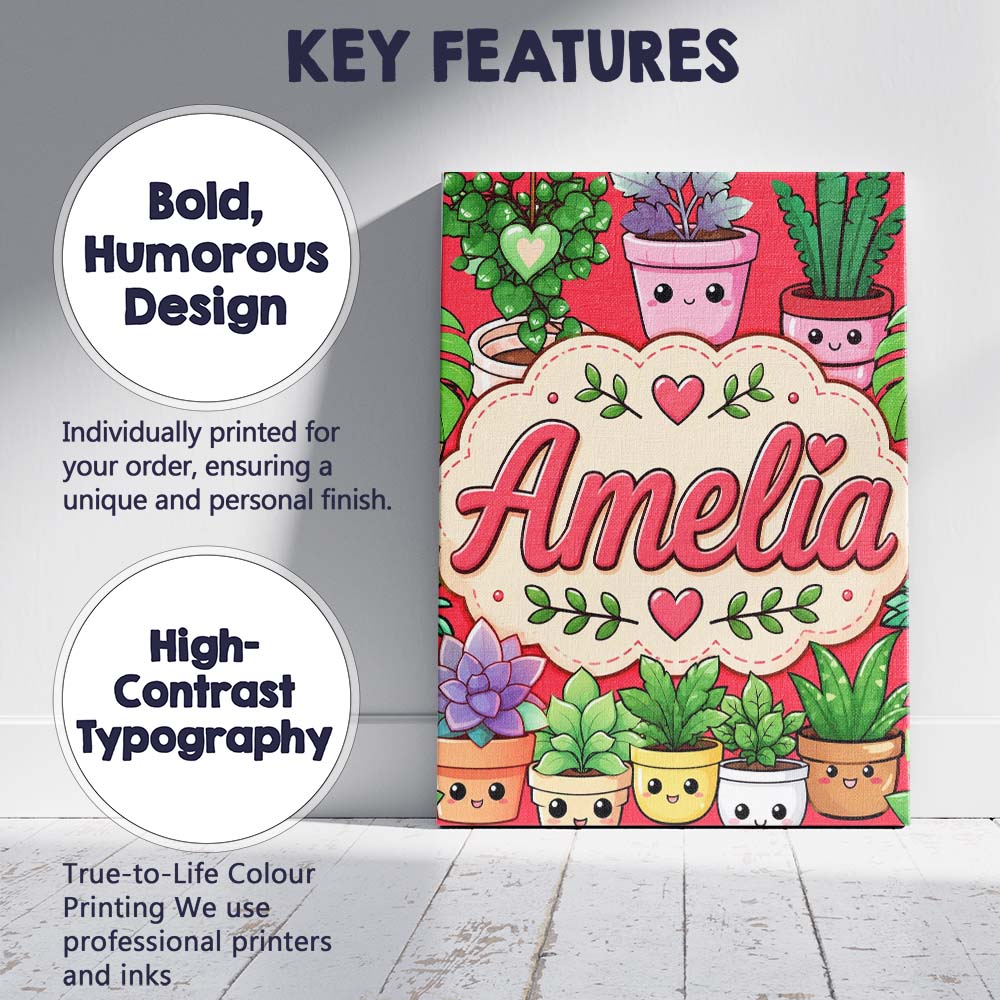 Personalised Name Cute Kawaii Smiling Plant Custom Bespoke Interior Contemporary Canvas Wall Art Print Decor Picture Ready to Hang