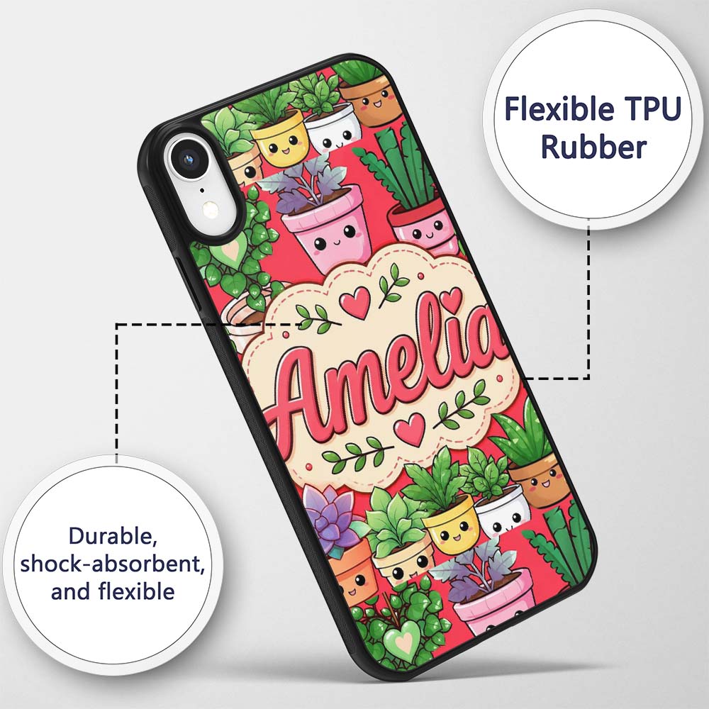 Cute Kawaii Smiling Plant Pots Succulents Leaves Custom Name Protective Phone Case Mobile Cover Durable Everyday Smartphone Shock Resistant