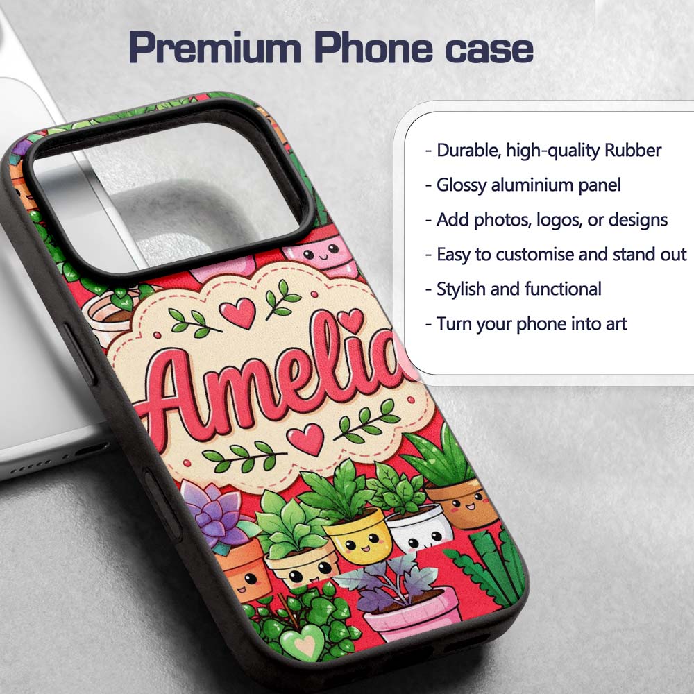 Cute Kawaii Smiling Plant Pots Succulents Leaves Custom Name Protective Phone Case Mobile Cover Durable Everyday Smartphone Shock Resistant