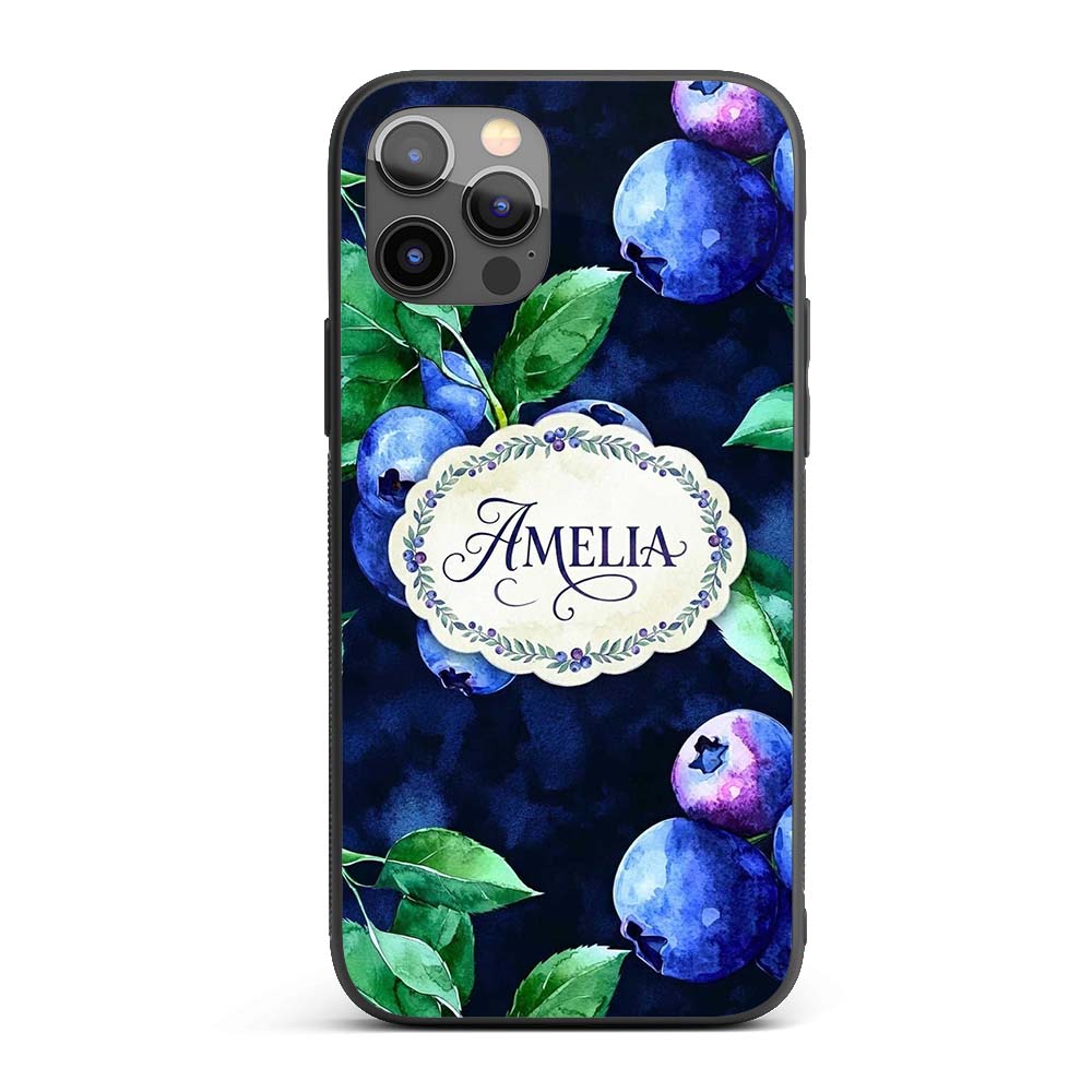 Watercolor Blueberry Fruit Leaves Dark Background Custom Name Protective Phone Case Mobile Cover Durable Everyday Smartphone Shock Resistant