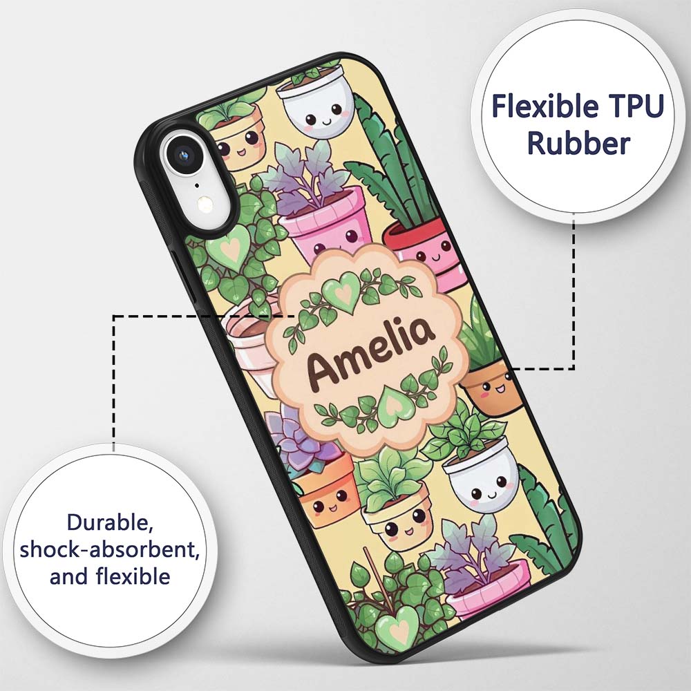 Cute Kawaii Smiling Plant Pots Succulents Leaves Custom Name Protective Phone Case Mobile Cover Durable Everyday Smartphone Shock Resistant