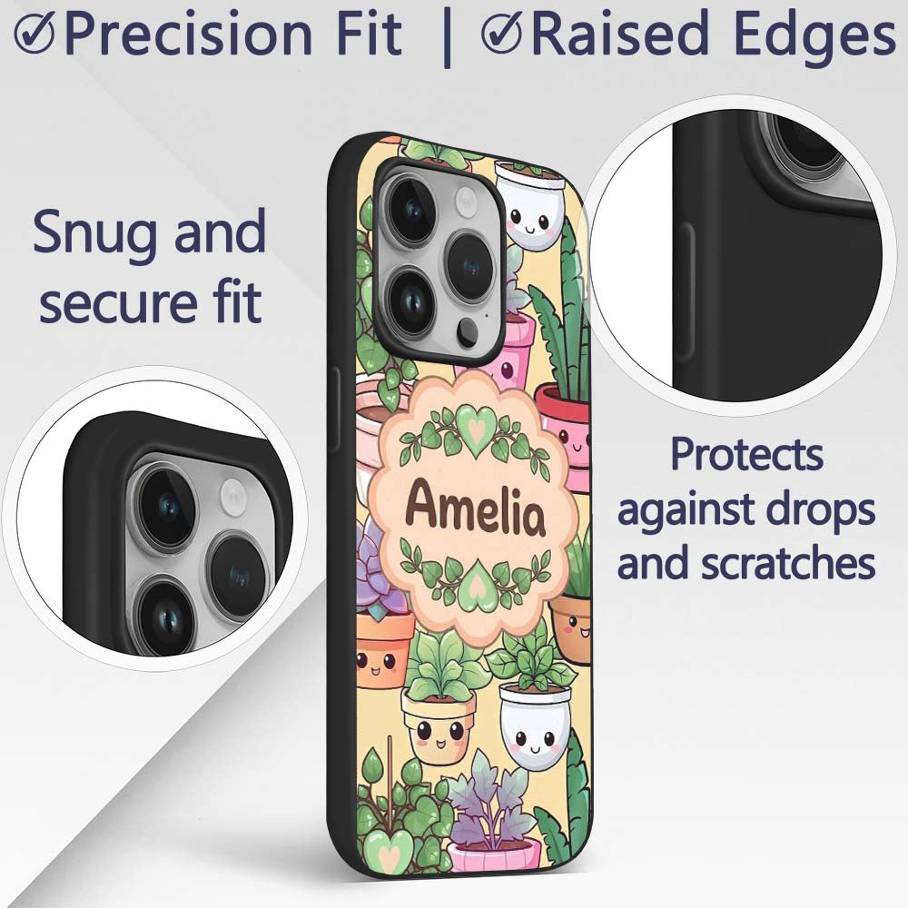 Cute Kawaii Smiling Plant Pots Succulents Leaves Custom Name Protective Phone Case Mobile Cover Durable Everyday Smartphone Shock Resistant