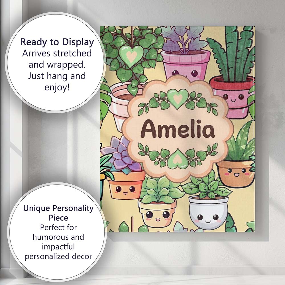 Personalised Name Cute Kawaii Smiling Plant Custom Bespoke Interior Contemporary Canvas Wall Art Print Decor Picture Ready to Hang