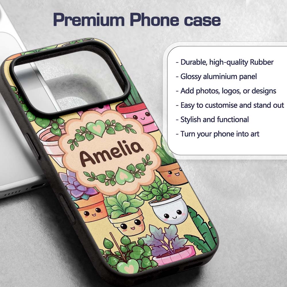 Cute Kawaii Smiling Plant Pots Succulents Leaves Custom Name Protective Phone Case Mobile Cover Durable Everyday Smartphone Shock Resistant