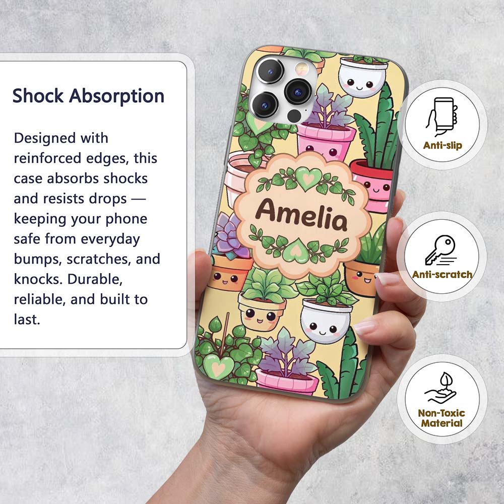 Cute Kawaii Smiling Plant Pots Succulents Leaves Custom Name Protective Phone Case Mobile Cover Durable Everyday Smartphone Shock Resistant