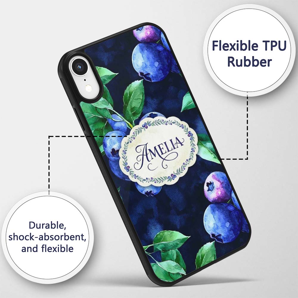Watercolor Blueberry Fruit Leaves Dark Background Custom Name Protective Phone Case Mobile Cover Durable Everyday Smartphone Shock Resistant