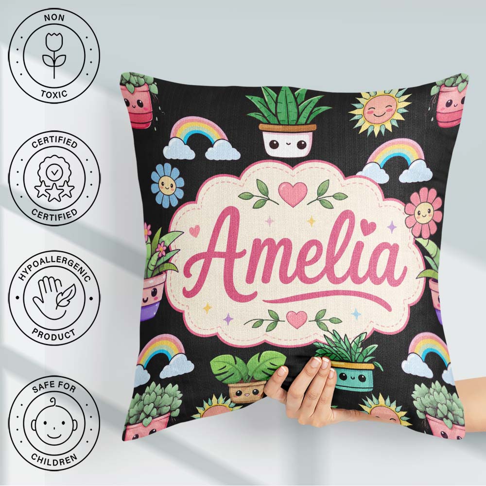 Custom Name Kawaii Rainbow Sun Flowers Plant Pots Seamless Black Square Filled Cushion Throw Pillow Sofa Bed Home Decor Zip Washable UK Made