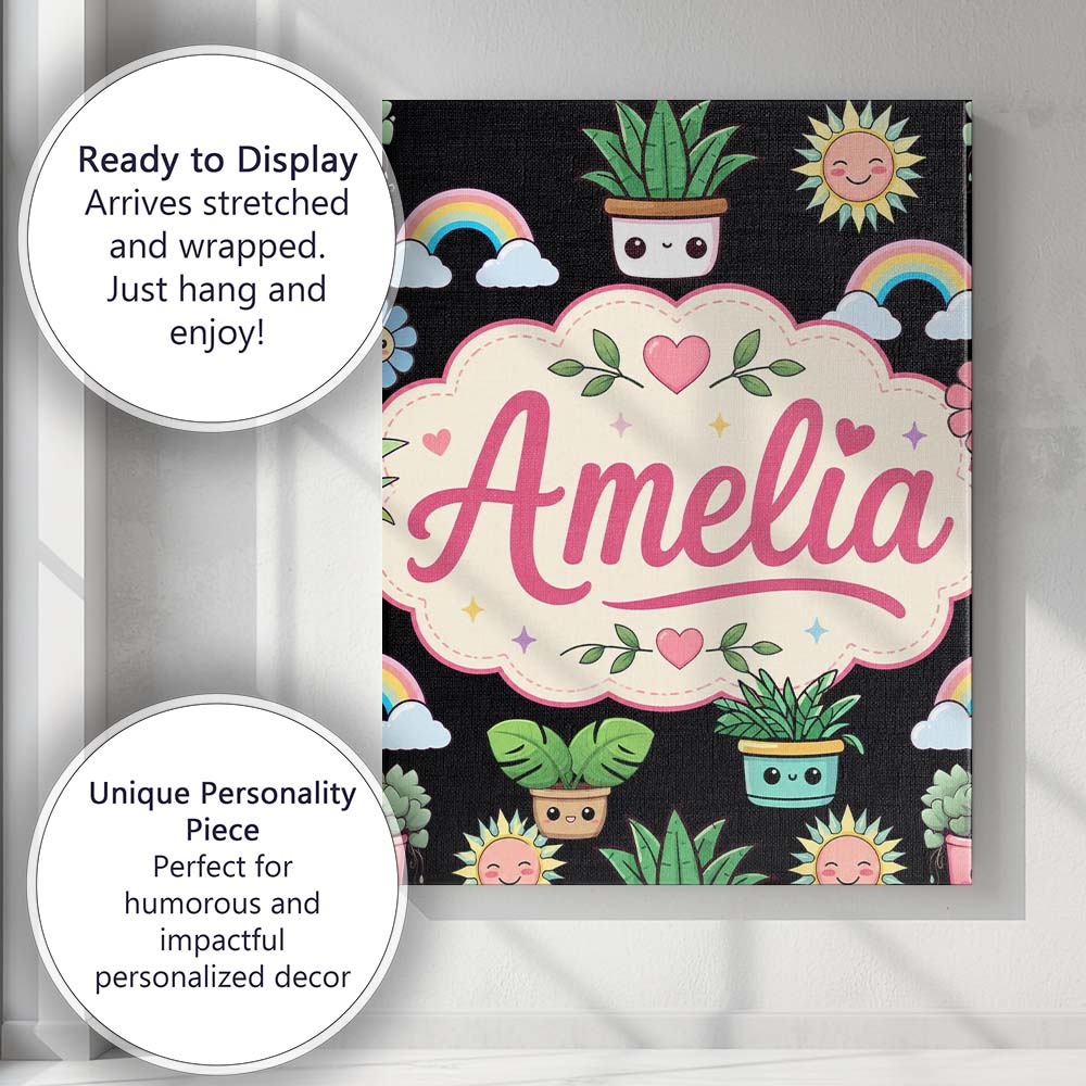 Personalised Name Cute Kawaii Rainbow Sun Custom Unique Gift Idea Elegant Feature Canvas Wall Art Print Decor Picture Ready to Hang