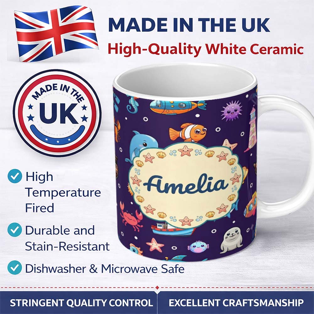 Personalized Custom Name Cartoon Sea Animals Diver Dolphin Shark Crab Boat Purple Bubble 11oz Ceramic Coffee Tea Mug White Large Handle