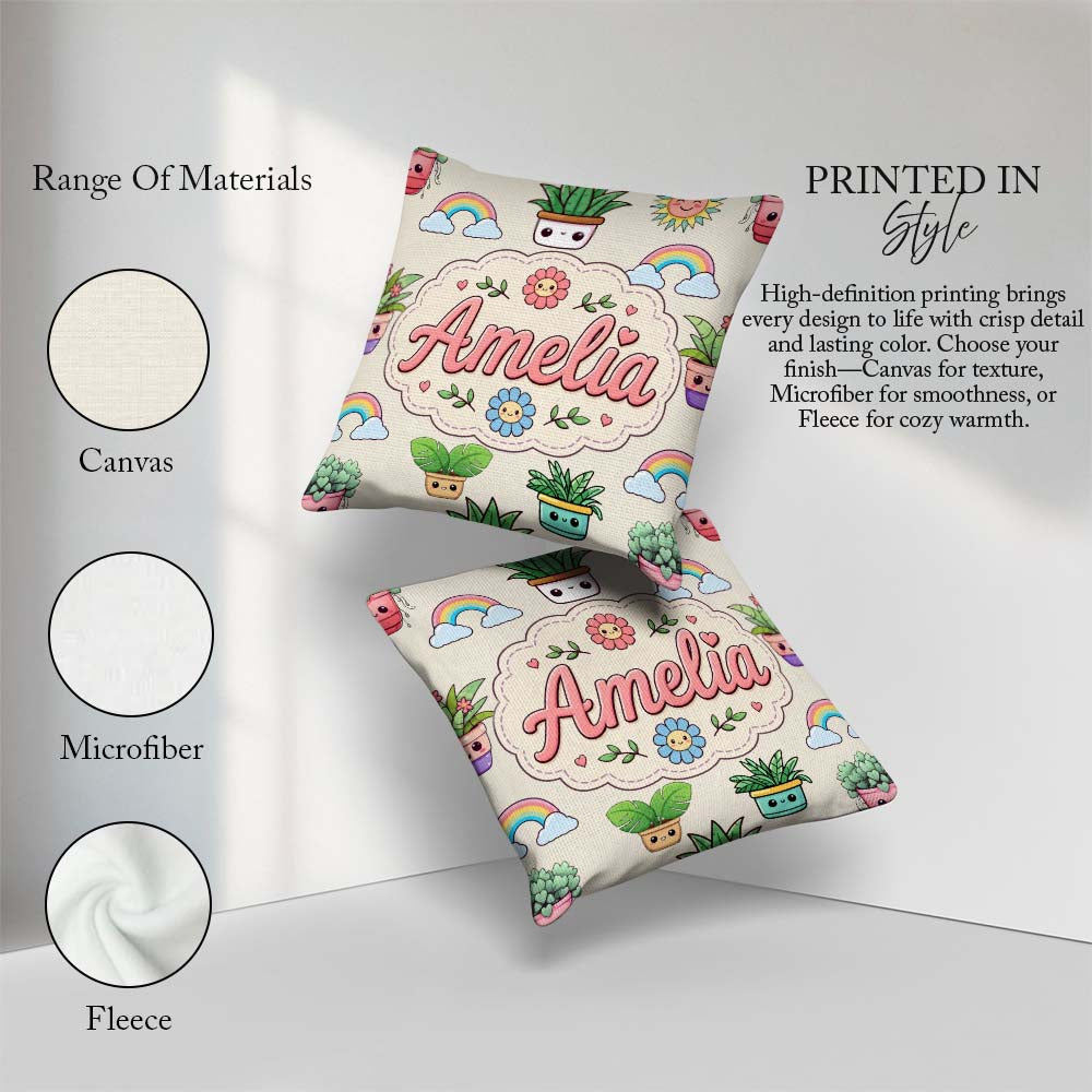 Custom Name Kawaii Rainbow Sun Flowers Plant Pots Seamless Cream Square Filled Cushion Throw Pillow Sofa Bed Home Decor Zip Washable UK Made