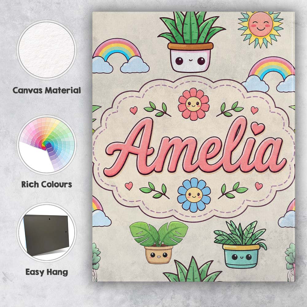 Personalised Name Cute Kawaii Rainbow Sun Custom Unique Gift Idea Elegant Feature Canvas Wall Art Print Decor Picture Ready to Hang