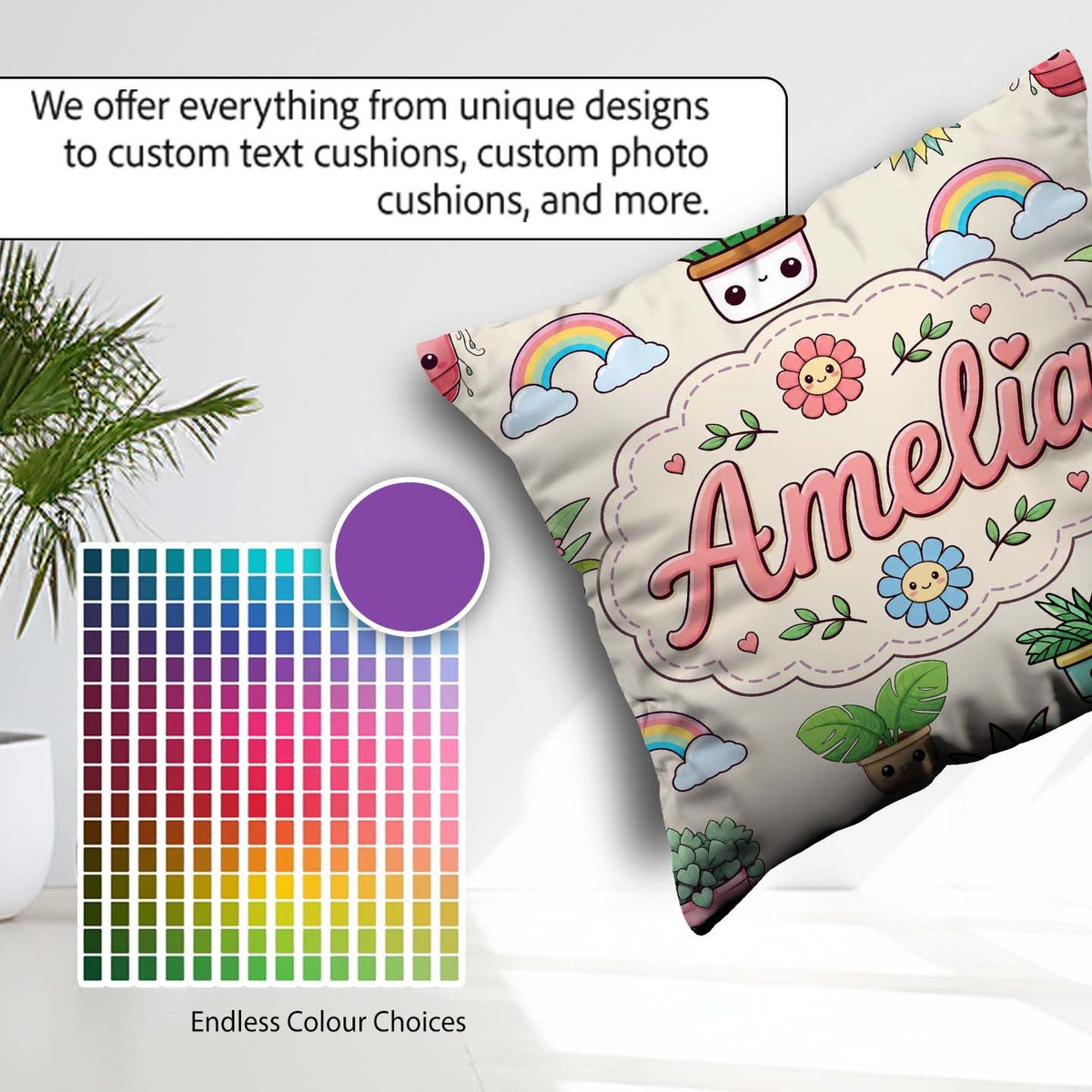 Custom Name Kawaii Rainbow Sun Flowers Plant Pots Seamless Cream Square Filled Cushion Throw Pillow Sofa Bed Home Decor Zip Washable UK Made