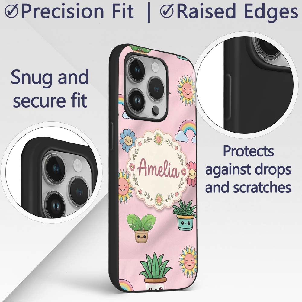 Cute Kawaii Rainbow Sun Flowers Printed Design Custom Name Protective Phone Case Mobile Cover Durable Everyday Smartphone Shock Resistant