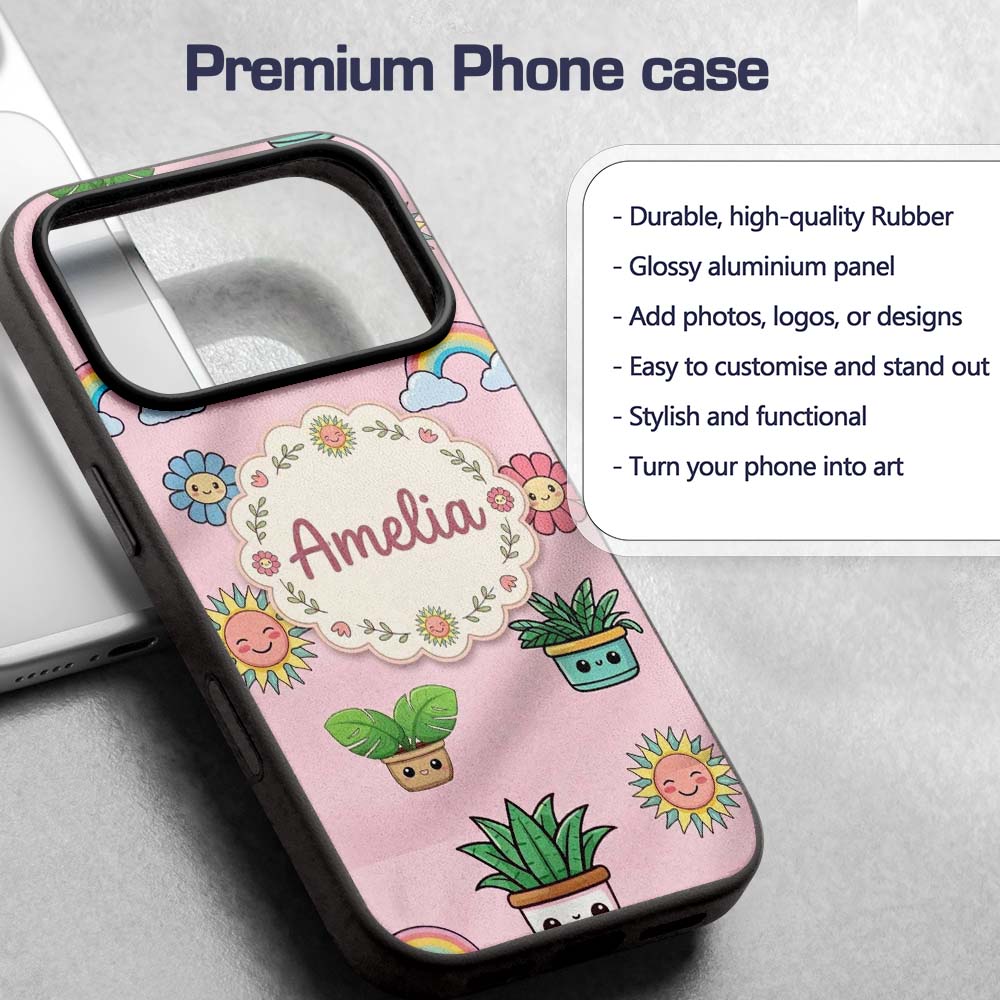 Cute Kawaii Rainbow Sun Flowers Printed Design Custom Name Protective Phone Case Mobile Cover Durable Everyday Smartphone Shock Resistant