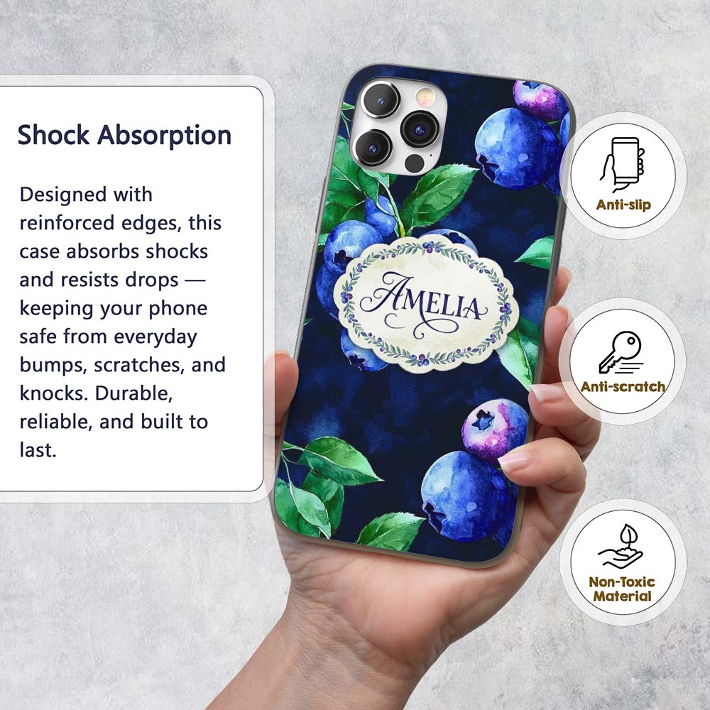 Watercolor Blueberry Fruit Leaves Dark Background Custom Name Protective Phone Case Mobile Cover Durable Everyday Smartphone Shock Resistant