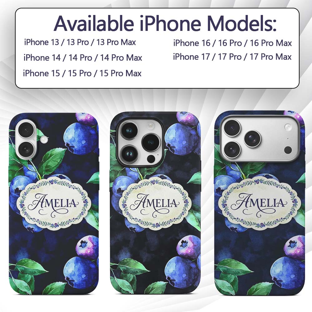 Watercolor Blueberry Fruit Leaves Dark Background Custom Name Protective Phone Case Mobile Cover Durable Everyday Smartphone Shock Resistant