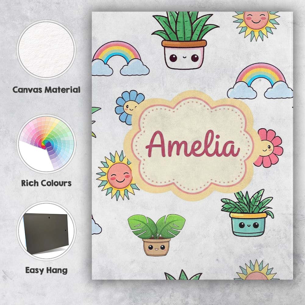 Personalised Name Cute Kawaii Rainbow Sun Custom Unique Gift Idea Elegant Feature Canvas Wall Art Print Decor Picture Ready to Hang
