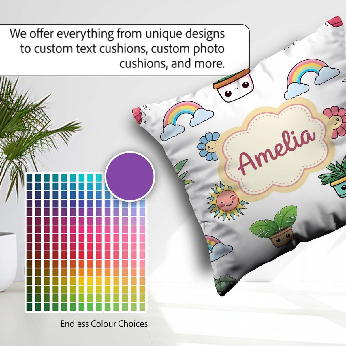 Custom Name Rainbow Sun Flowers Plant Pots Seamless Pattern Grey Square Filled Cushion Throw Pillow Sofa Bed Home Decor Zip Washable UK Made