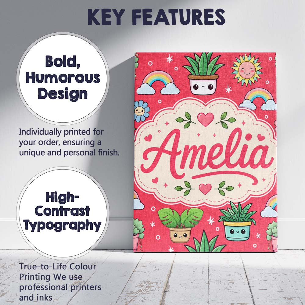 Personalised Name Cute Kawaii Plants Custom Premium Decorative Design Modern Room Accent Canvas Wall Art Print Decor Picture Ready to Hang