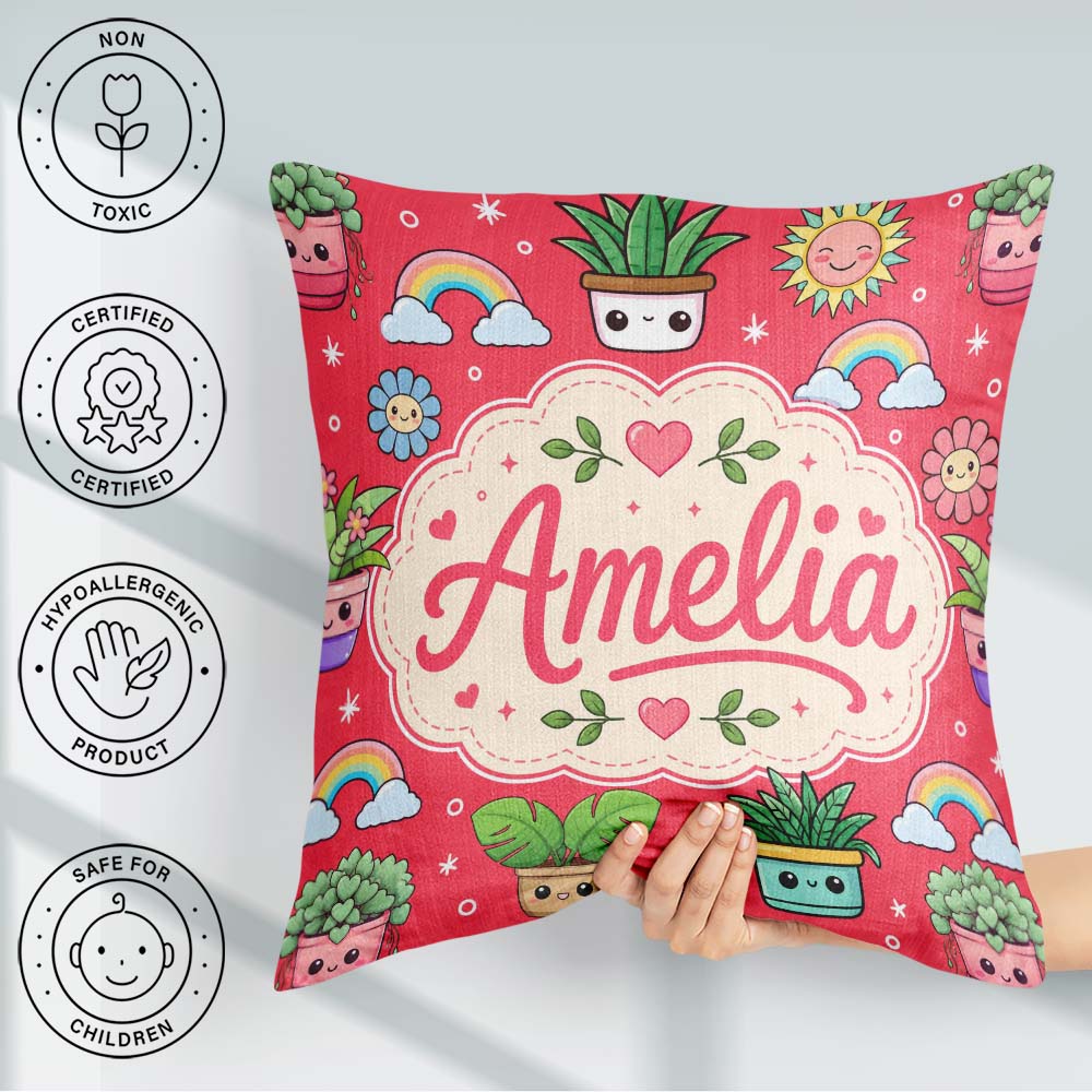 Custom Name Cute Kawaii Rainbow Sun Flowers Seamless Pattern Red Square Filled Cushion Throw Pillow Sofa Bed Home Decor Zip Washable UK Made