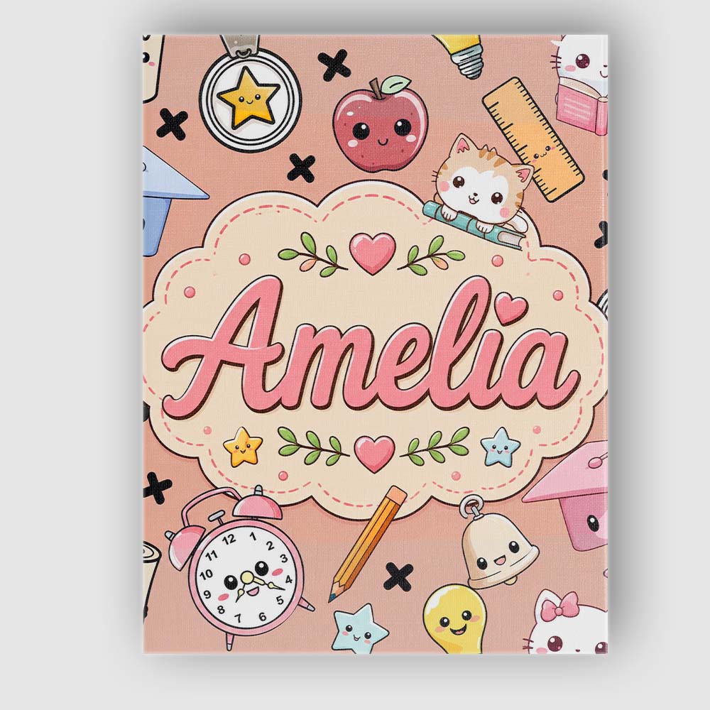 Personalised Name Cute Kawaii School Cat Custom Unique Gift Idea Elegant Feature Canvas Wall Art Print Decor Picture Ready to Hang
