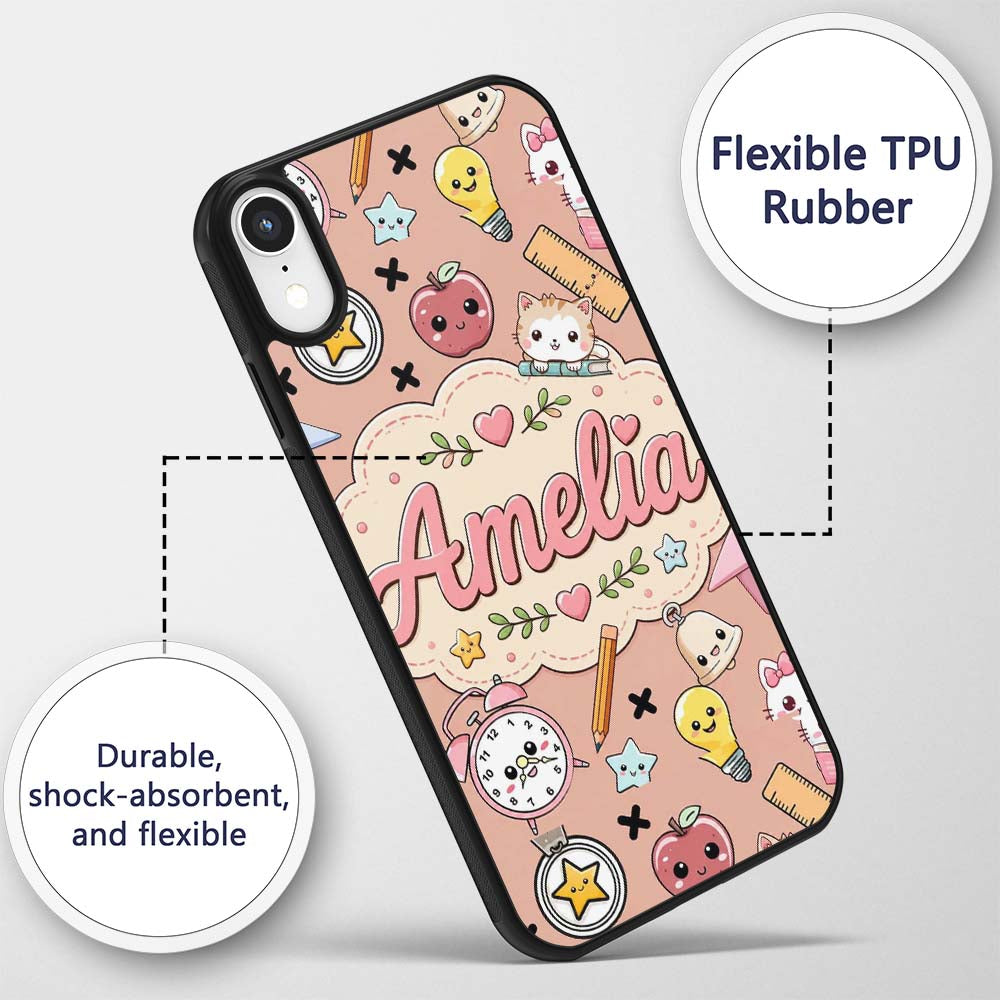 Cute Kawaii School Cat Books Apple Clock Supplies Custom Name Protective Phone Case Mobile Cover Durable Everyday Smartphone Shock Resistant