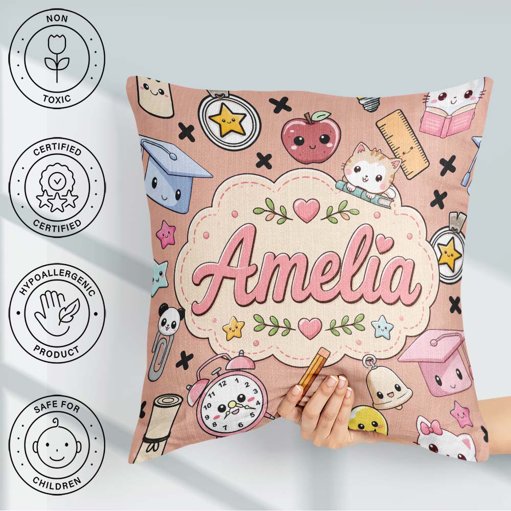 Custom Name Kawaii School Cat Books Apple Clock Supplies Pattern Square Filled Cushion Throw Pillow Sofa Bed Home Decor Zip Washable UK Made