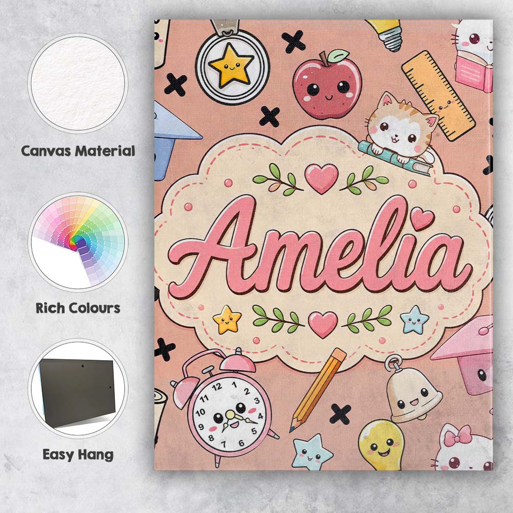 Personalised Name Cute Kawaii School Cat Custom Unique Gift Idea Elegant Feature Canvas Wall Art Print Decor Picture Ready to Hang