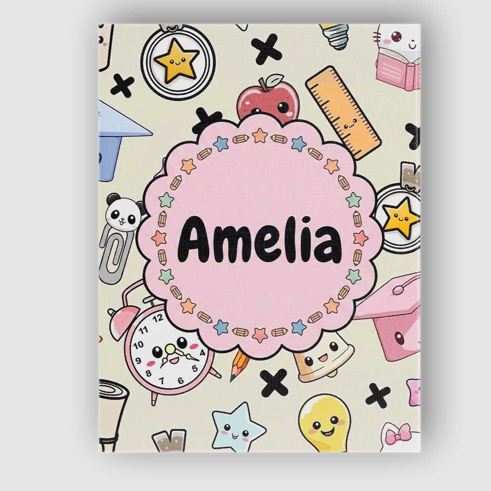 Personalised Name Cute Kawaii School Cat Custom Unique Gift Idea Elegant Feature Canvas Wall Art Print Decor Picture Ready to Hang