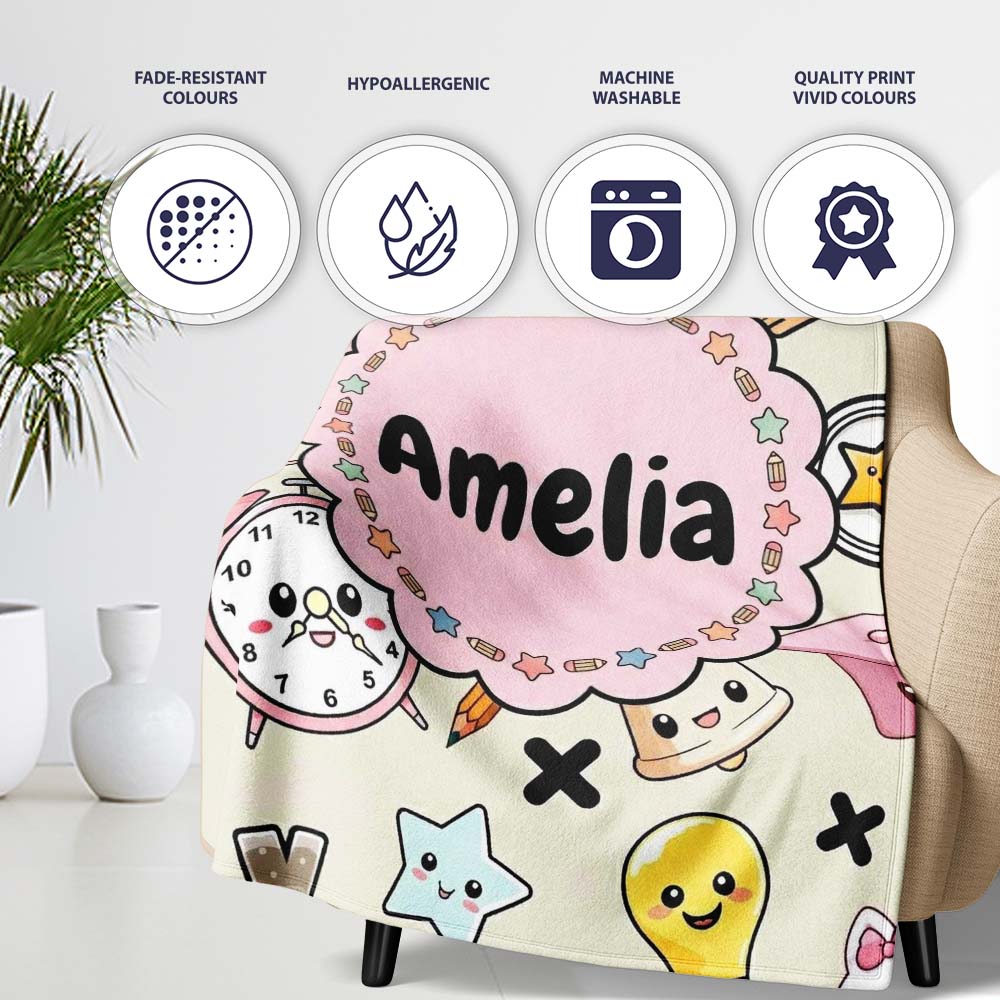 Cute Kawaii School Cat Books Apple Clock Supplies Pattern Cream Personalised Custom Name Super Soft Fleece Blanket Bed Sofa Throw