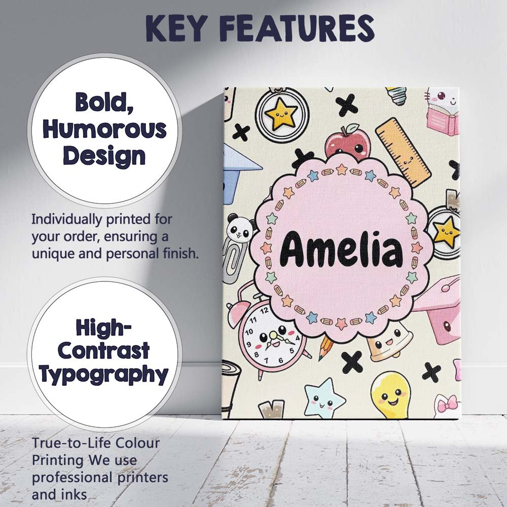 Personalised Name Cute Kawaii School Cat Custom Unique Gift Idea Elegant Feature Canvas Wall Art Print Decor Picture Ready to Hang