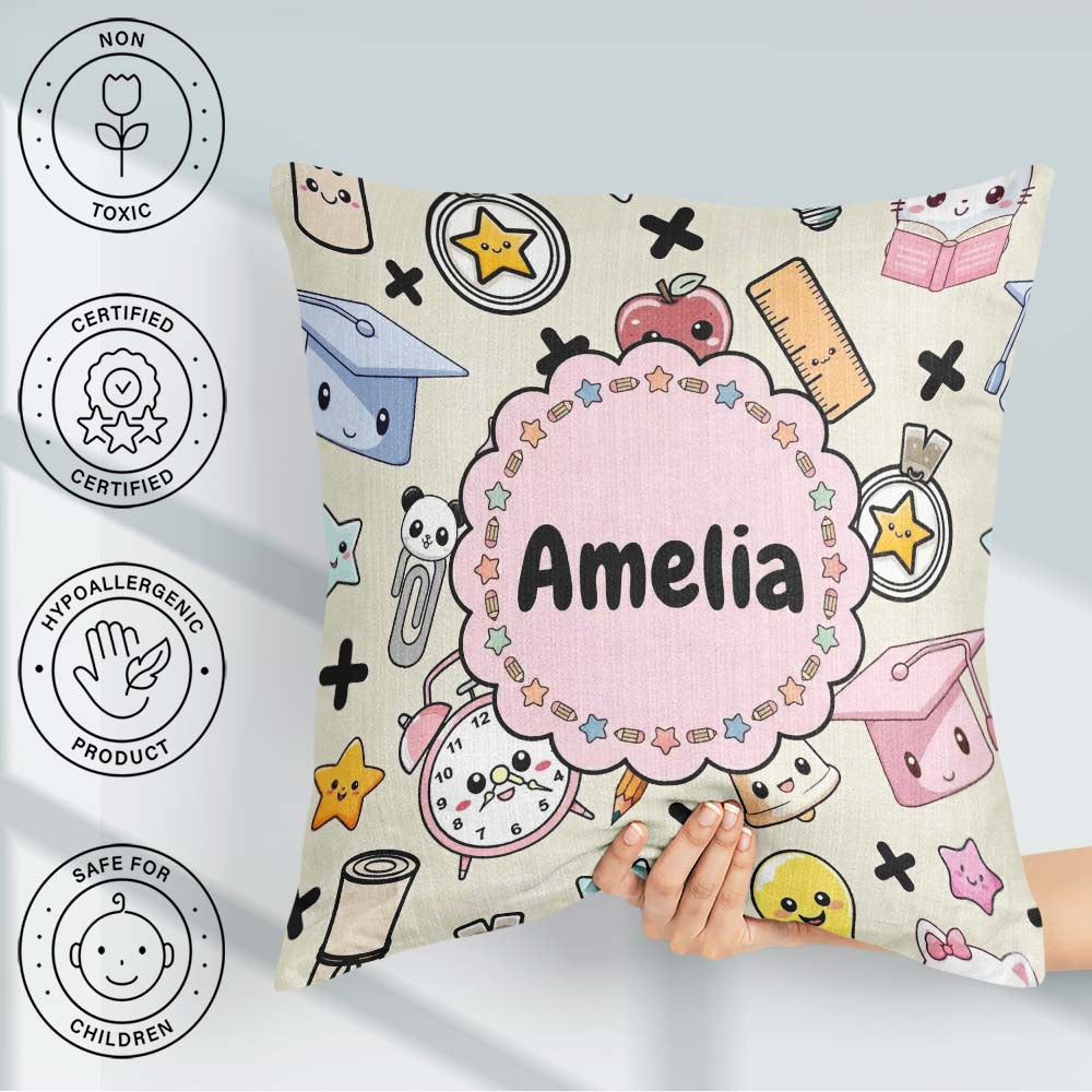 Custom Name Kawaii School Cat Books Apple Clock Supplies Pattern Square Filled Cushion Throw Pillow Sofa Bed Home Decor Zip Washable UK Made