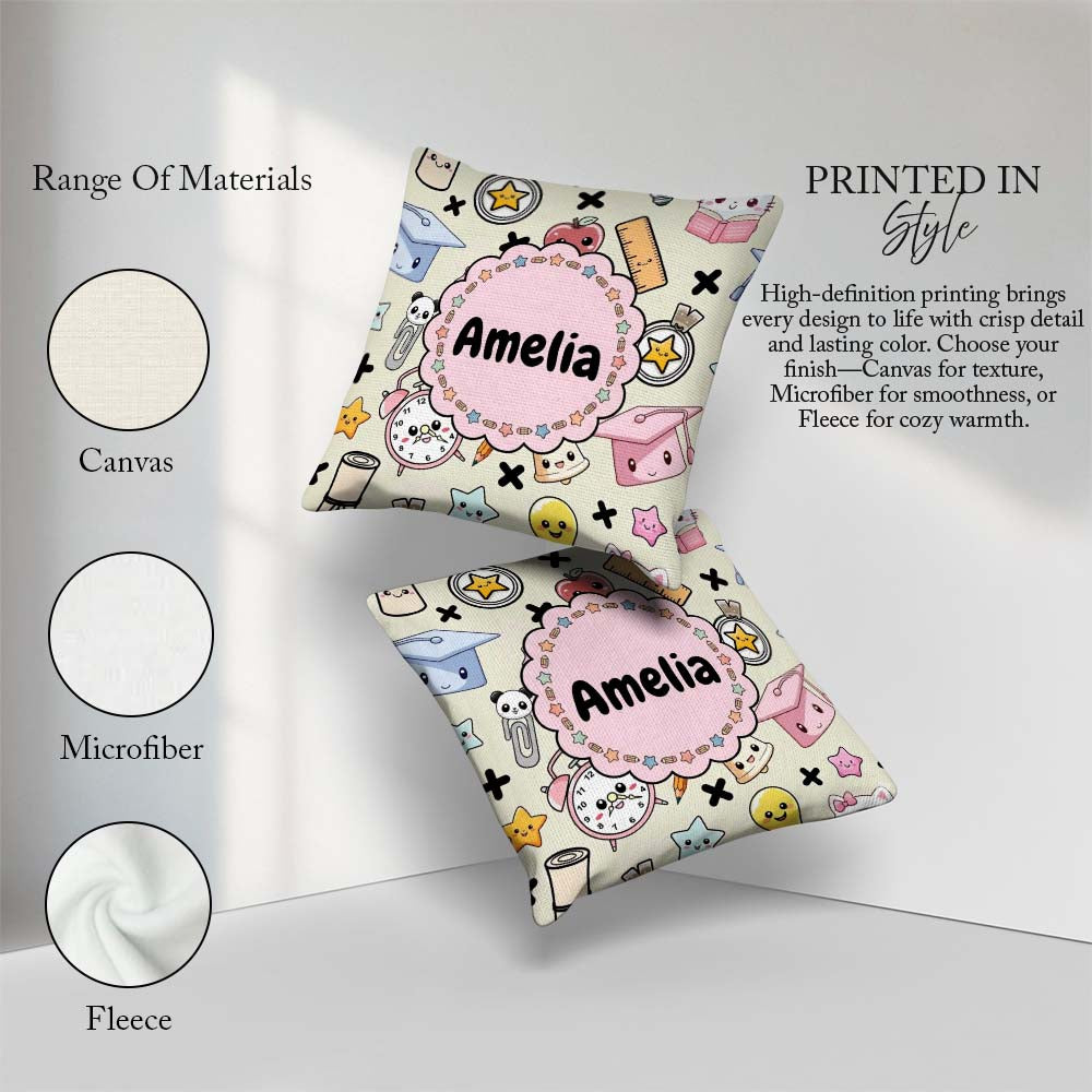 Custom Name Kawaii School Cat Books Apple Clock Supplies Pattern Square Filled Cushion Throw Pillow Sofa Bed Home Decor Zip Washable UK Made