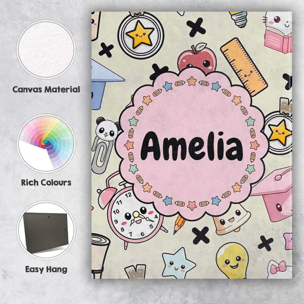 Personalised Name Cute Kawaii School Cat Custom Unique Gift Idea Elegant Feature Canvas Wall Art Print Decor Picture Ready to Hang