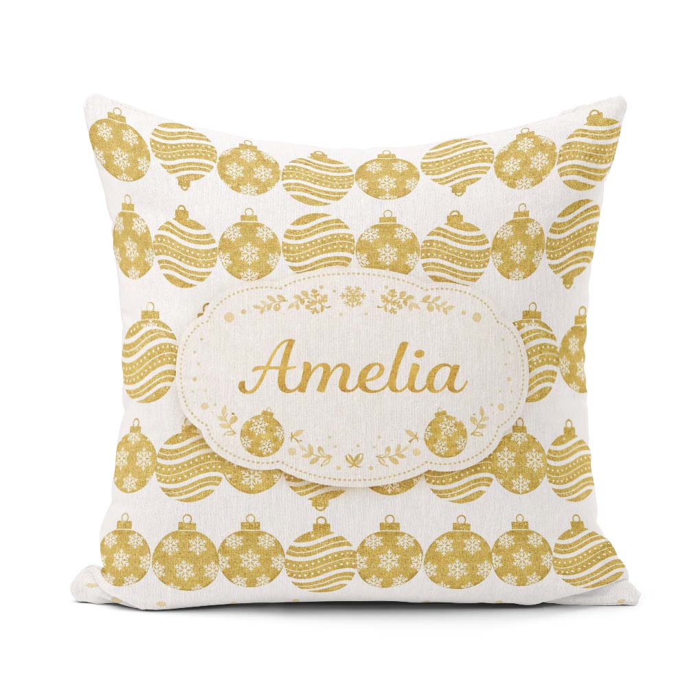 Custom Name Gold Baubles Glitter Festive Seamless Pattern Lovely Square Filled Cushion Throw Pillow Sofa Bed Home Decor Zip Washable UK Made