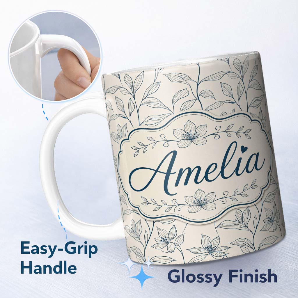 Personalized Custom Name Elegant Beige Botanical Line Art Leaves Pattern with Floral Stems 11oz Ceramic Coffee Tea Mug White Large Handle
