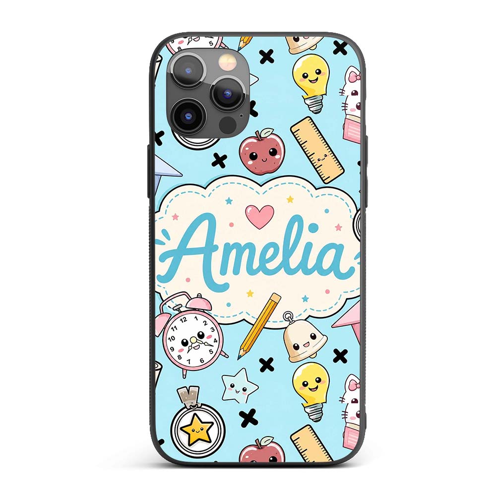 Cute Kawaii School Cat Books Apple Clock Supplies Custom Name Protective Phone Case Mobile Cover Durable Everyday Smartphone Shock Resistant