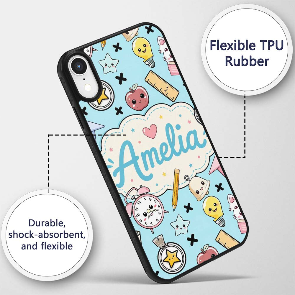 Cute Kawaii School Cat Books Apple Clock Supplies Custom Name Protective Phone Case Mobile Cover Durable Everyday Smartphone Shock Resistant