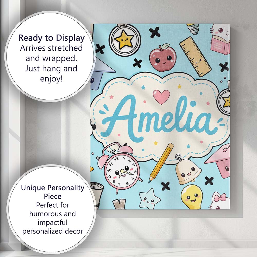 Personalised Name Cute Kawaii School Cat Custom Unique Gift Idea Elegant Feature Canvas Wall Art Print Decor Picture Ready to Hang