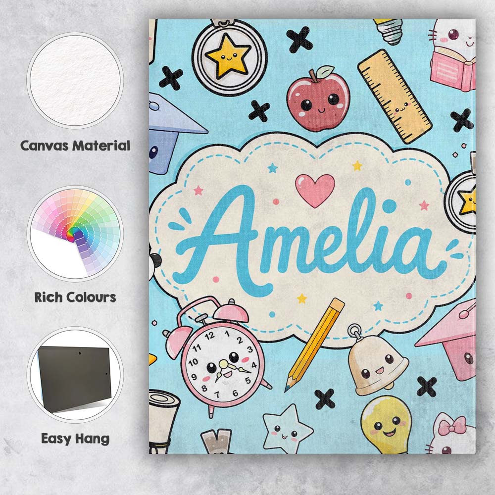 Personalised Name Cute Kawaii School Cat Custom Unique Gift Idea Elegant Feature Canvas Wall Art Print Decor Picture Ready to Hang