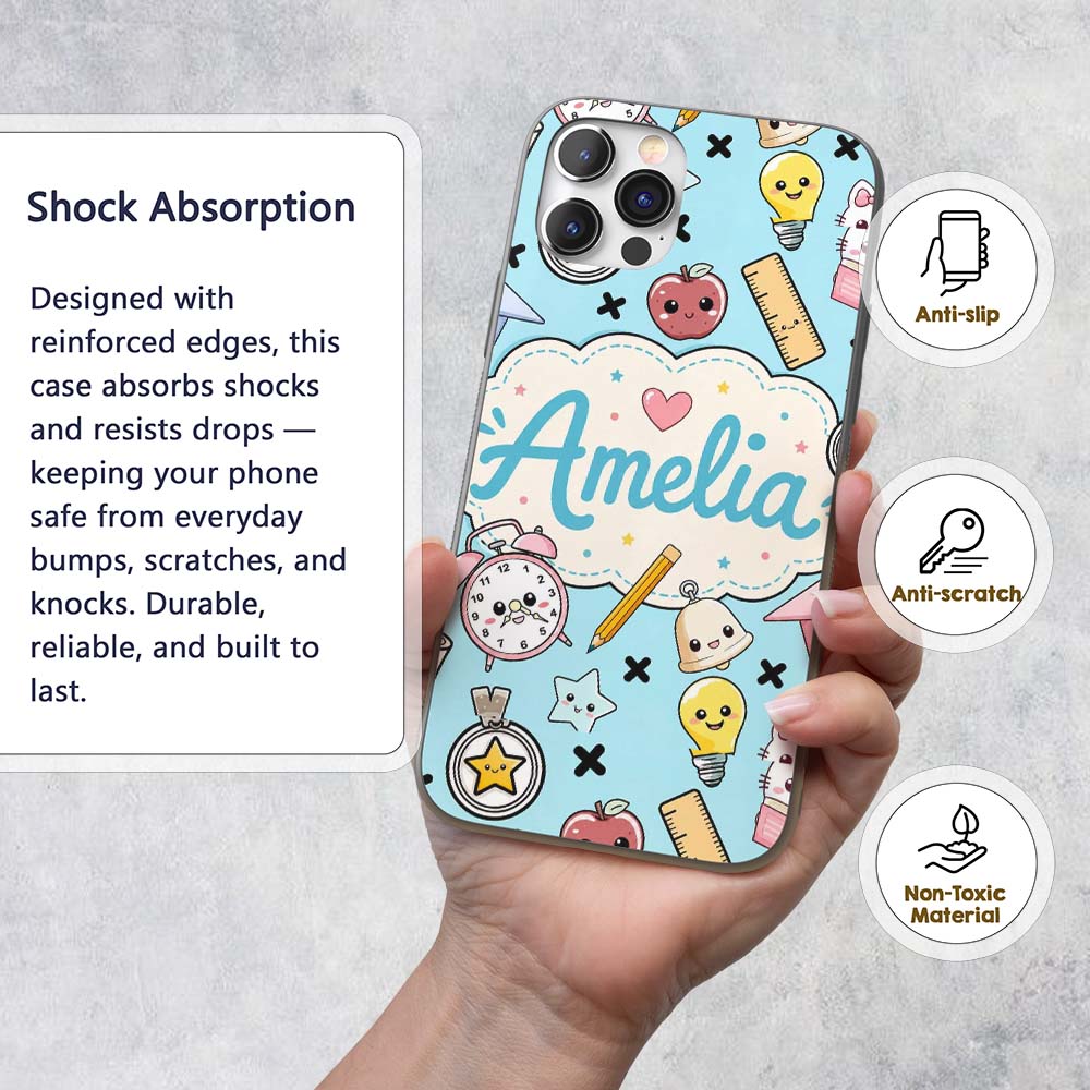 Cute Kawaii School Cat Books Apple Clock Supplies Custom Name Protective Phone Case Mobile Cover Durable Everyday Smartphone Shock Resistant