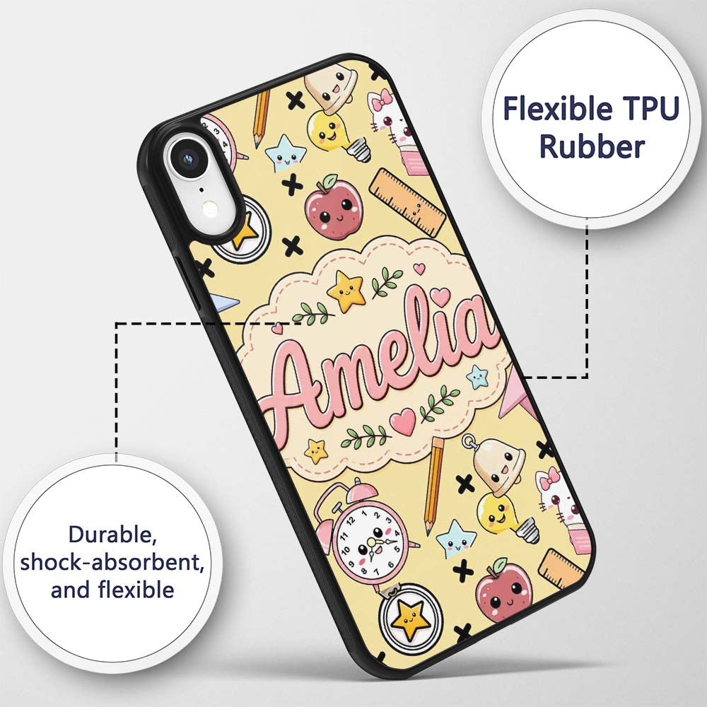 Cute Kawaii School Cat Books Apple Clock Supplies Custom Name Protective Phone Case Mobile Cover Durable Everyday Smartphone Shock Resistant