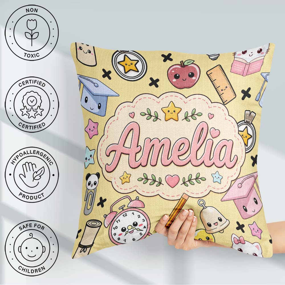 Custom Name Kawaii School Cat Books Apple Clock Supplies Pattern Square Filled Cushion Throw Pillow Sofa Bed Home Decor Zip Washable UK Made