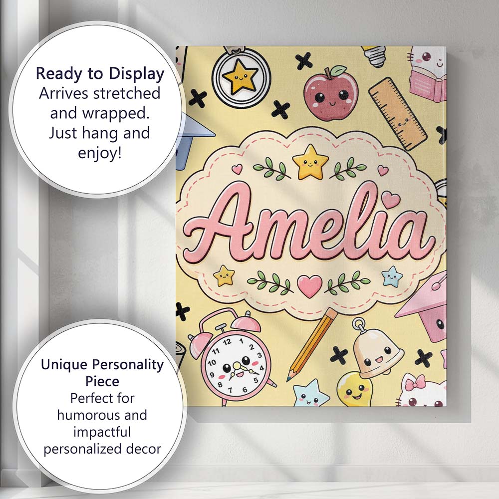 Personalised Name Cute Kawaii School Cat Custom Unique Gift Idea Elegant Feature Canvas Wall Art Print Decor Picture Ready to Hang