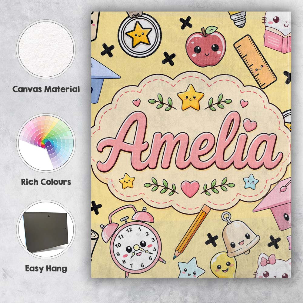 Personalised Name Cute Kawaii School Cat Custom Unique Gift Idea Elegant Feature Canvas Wall Art Print Decor Picture Ready to Hang