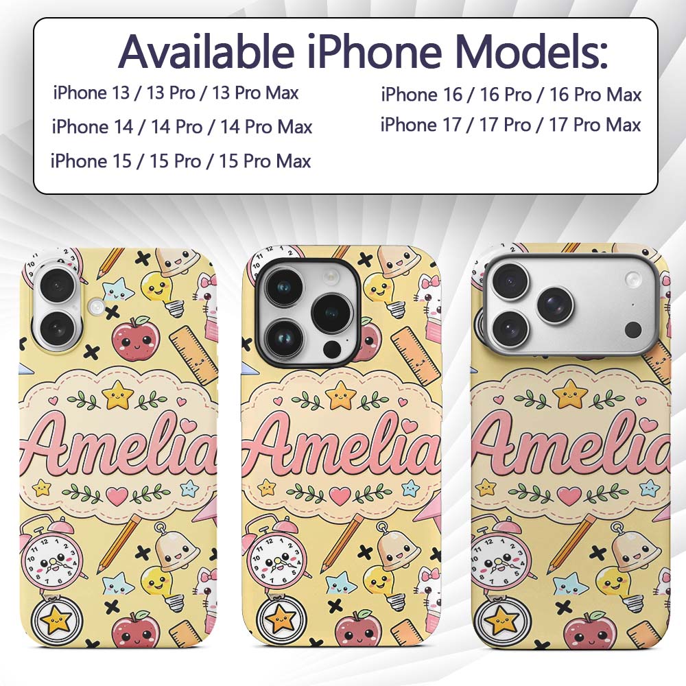 Cute Kawaii School Cat Books Apple Clock Supplies Custom Name Protective Phone Case Mobile Cover Durable Everyday Smartphone Shock Resistant