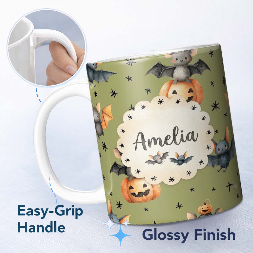 Personalized Custom Name Cute Halloween Bats Sitting on Pumpkins with Stars Olive Background 11oz Ceramic Coffee Tea Mug White Large Handle