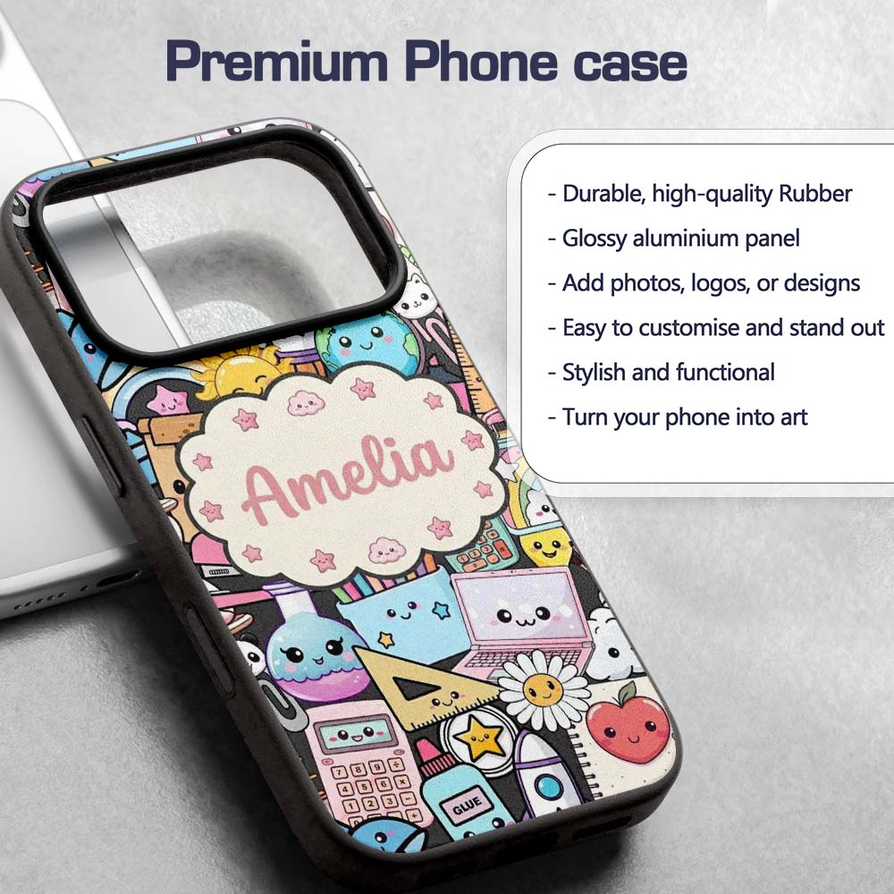 Cute Kawaii School Supplies Science Art Cute Custom Name Protective Phone Case Mobile Cover Durable Everyday Smartphone Shock Resistant